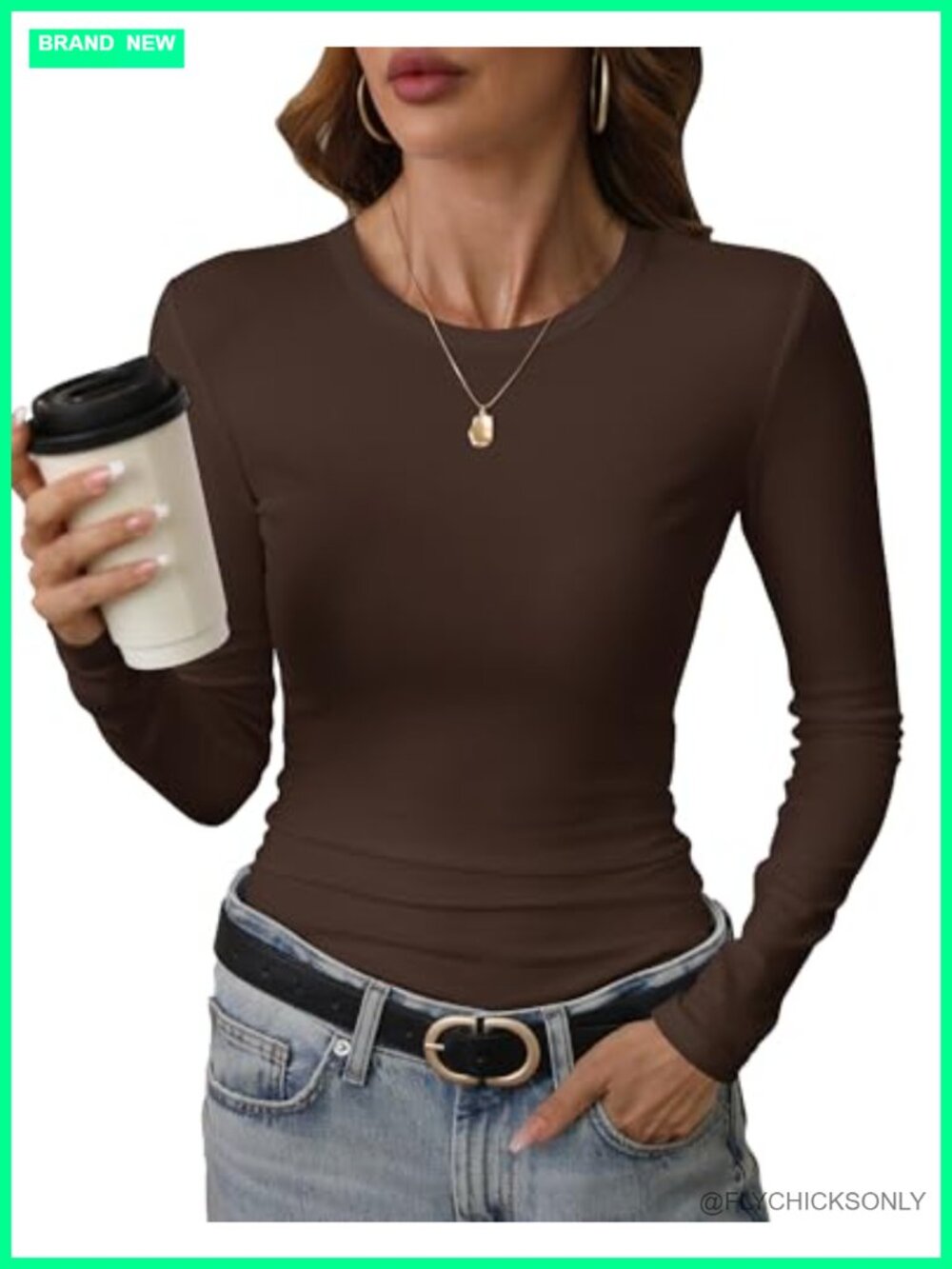 Womens Crewneck Long Sleeve Slim Fitted Stretchy Basic Ribbed Knit T-Shirt Top